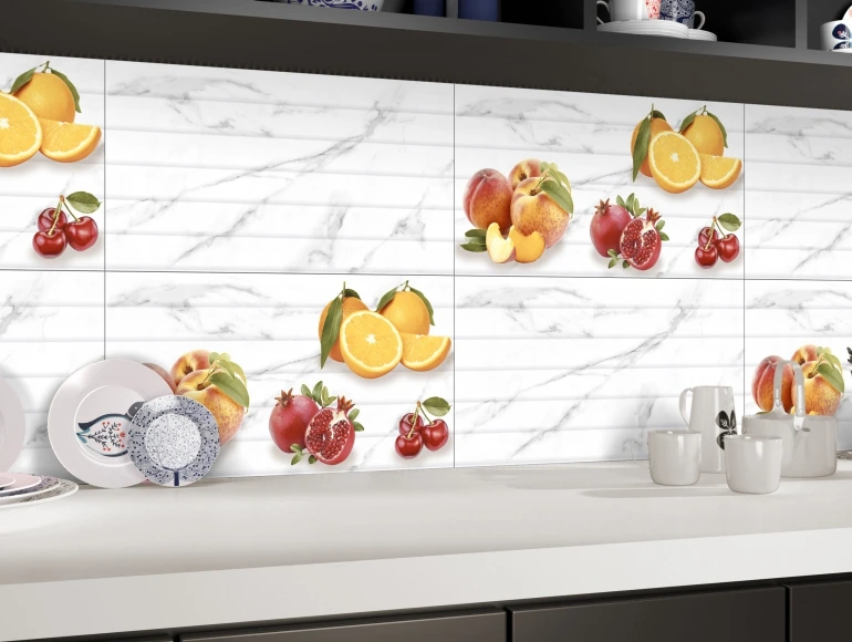 Chic kitchen with a white marble tile kitchen backsplash design adorned with vibrant fruit-themed prints.